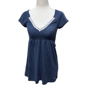 Y2K Hollister Navy Blue Babydoll Top V-Neck White Lace Trim Womens S